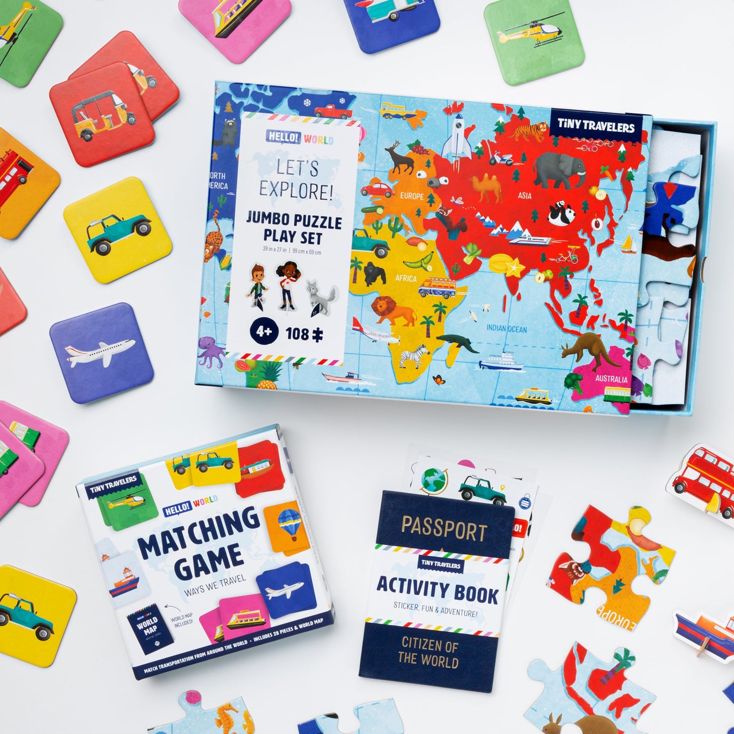 Transportation Expert Gift Bundle: Jumbo Puzzle Play Set, Matching Game & Passport Activity Book